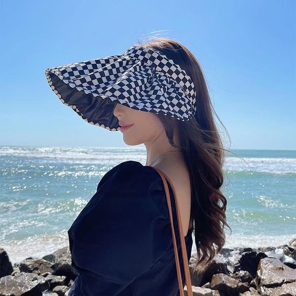 

wide brim hats bucket hats checkerboard gradient hat summer lady empty hats sun visor hat summer wide brim sun caps uv protection hat for wo, Blue;gray