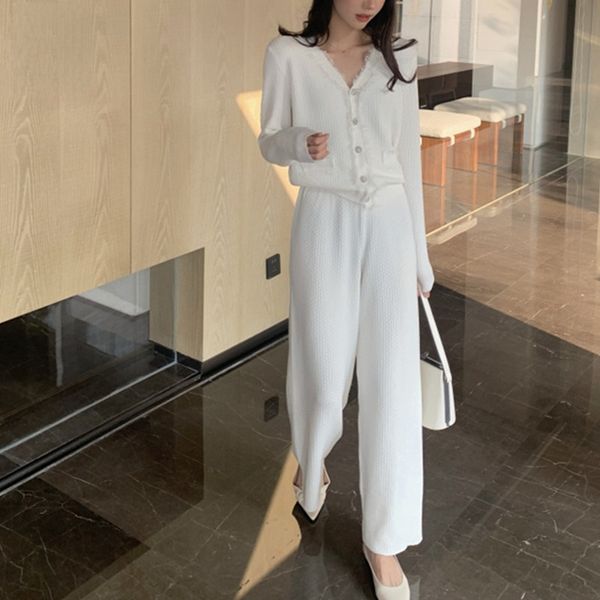 

women's two piece pants autumn winter women's suit knitted tassel v-neck cardigan jacket wide leg pants casual two piece set women, White