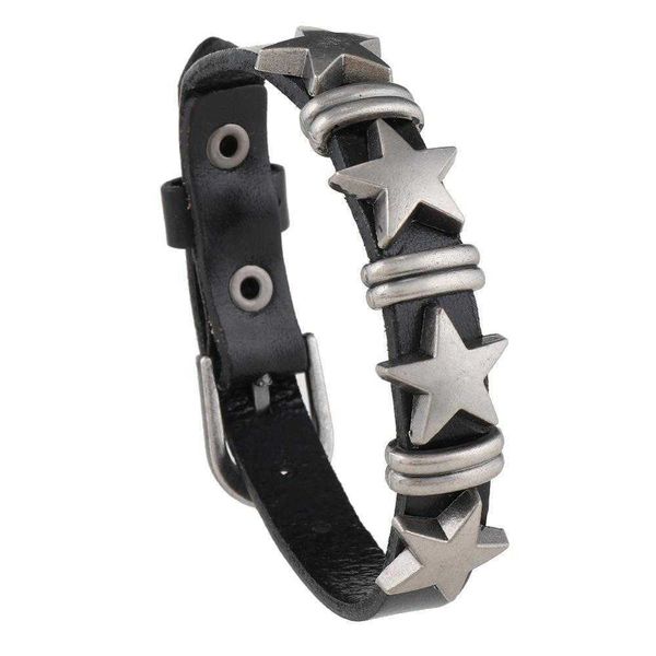 

selling mens bracelet personality street punk five pointed star retro cattle leather christmas ornament, Golden;silver