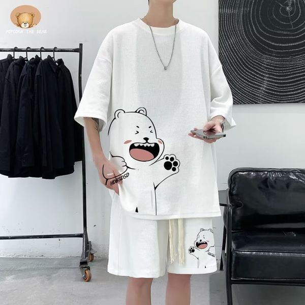 

men's tracksuits 4xl large men's sports suit japan high street fashion t-shirt shorts two-piece set men retro neck r clothes men 2, Gray