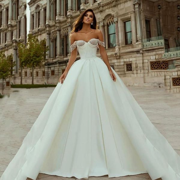 

vintage off the shoulder wedding dresses pearls satin bridal gowns exposed boning a line outdoor vestido de mariage, White