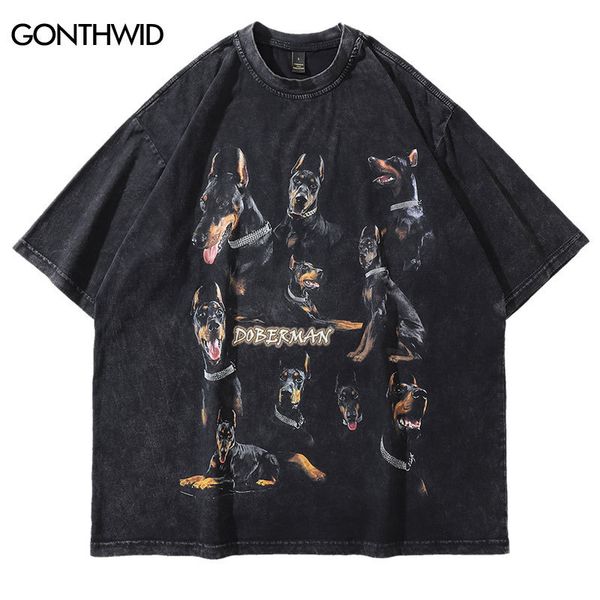 

men's t-shirts oversize distressed t shirts hip hop vintage doberman dog print punk rock gothic tshirt streetwear harajuku casual t-shi, White;black