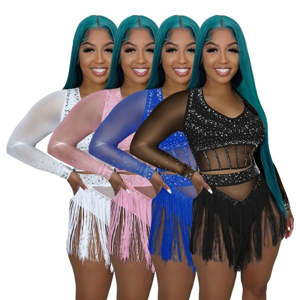 

tassel tracksuits designer mesh long sleeve rhinestone crop tassel shorts two piece set summer outfit women summer clothes 9858, White