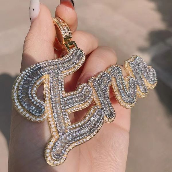 

new fashion design gold plated custom name baguatte cz letters pendant necklace with 3mm 24inch rope chain nice gift, Silver