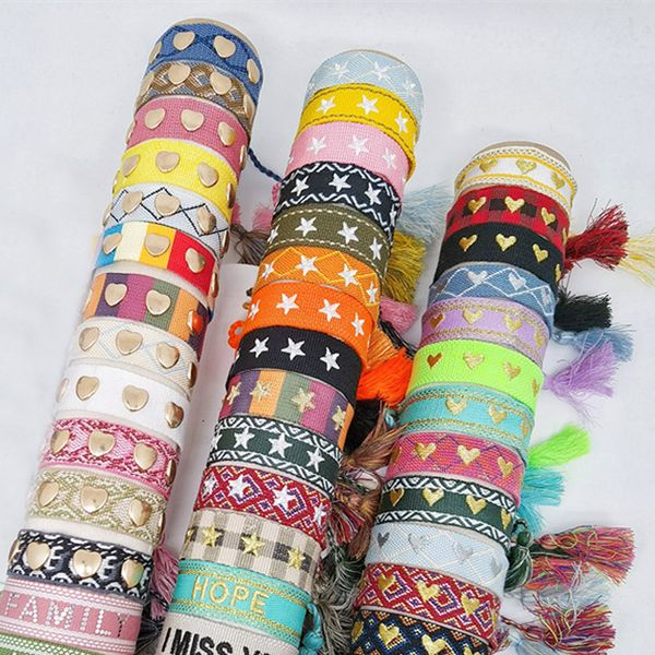 

chain wholesale 10pcs handmade embroidery heart stars wrap bracelet metal buckle lace up adjustable weave fabric bracelets with tassel 23051, Black