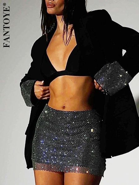 

pants fantoye glitter diamond shiny women blazer set double layer blazer fishnet skirt female two piece set fashion club night outfits, White