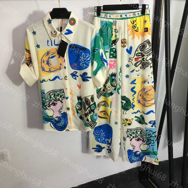 

23ss womens designer clothing women set shirt set fashion vintage printed lapel short sleeve shirt elastic high waist wide leg trousers set, White