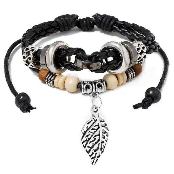 

accessories personalized multi layer beaded strands leather bracelet simple pull adjustable large leaf pendant, Black