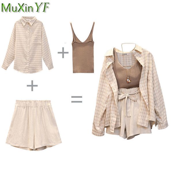 

women's two piece pants korean casual spring summer three shorts set lady fashion long sleeve plaid shirts tank wide leg pant outfits 2, White