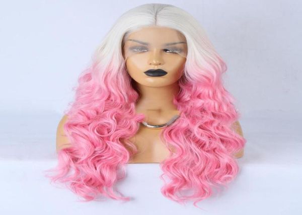 

closures ombre white pink blonde lace front synthetic hair for women heat resistant fiber body wave long wavy6334671, Black;brown