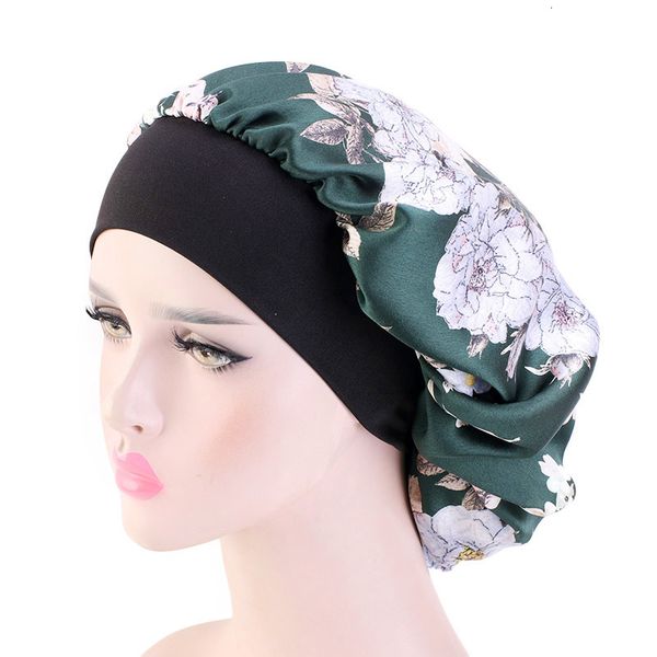 

hijabs satin bonnets for women black wide elastic band floral print silky headwrap ladies hair cover hat night sleeping cap 230511, Blue;gray