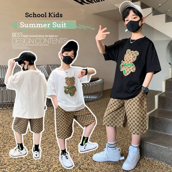

setssuits summer casual boys cotton cartoon bear tshirt khaki shorts pant school kids tracksuit children 2piece outfit 214 years 230510