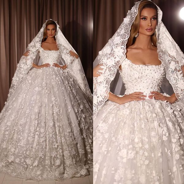 

pearls elegant wedding dress lace 3d appliques bridal gowns custom made sleeveless beaded robe de mariee, White