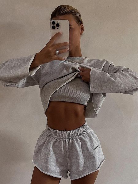 

women's two piece pants ladies club wear y2k 3 letter print long sleeve crop high waist shorts matching set women sporty streetwear ou, White