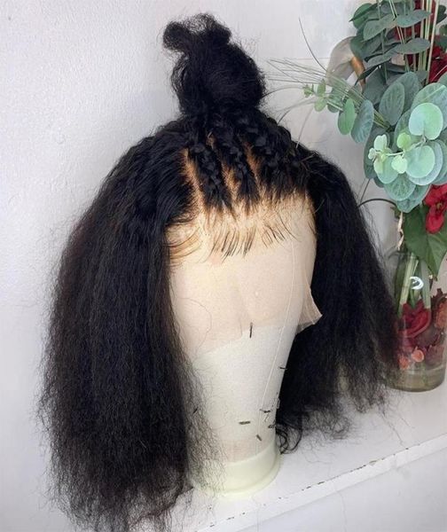 

closures density blunt short bob yaki kinky straight synthetic lace front for black women babyhair glueless preplucked3256657, Black;brown