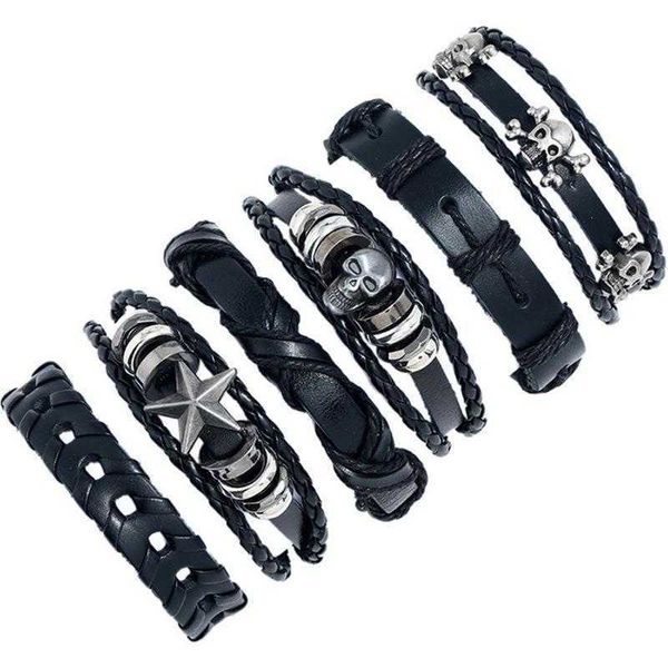 

vintage weave cattle leather bracelet combination set skull, Golden;silver