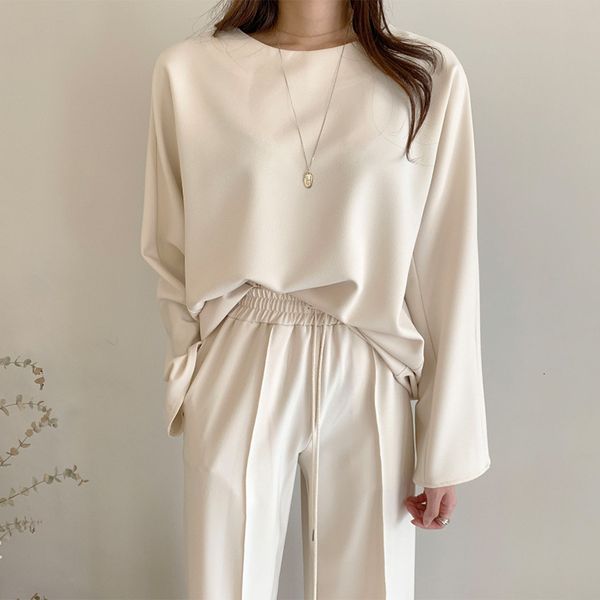 

women's two piece pants clothland women fashion solid blouse pants suit long sleeve o neck shirt long trousers white black two piece se