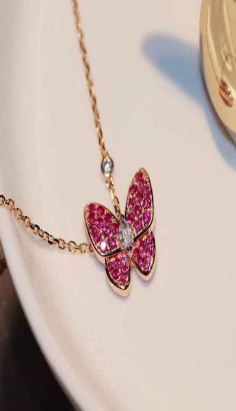 

s925 silver new arrival butterfly shape with fuchsia and white diamond necklace in 18k rose gold plated for women wedding jewelry 4962802
