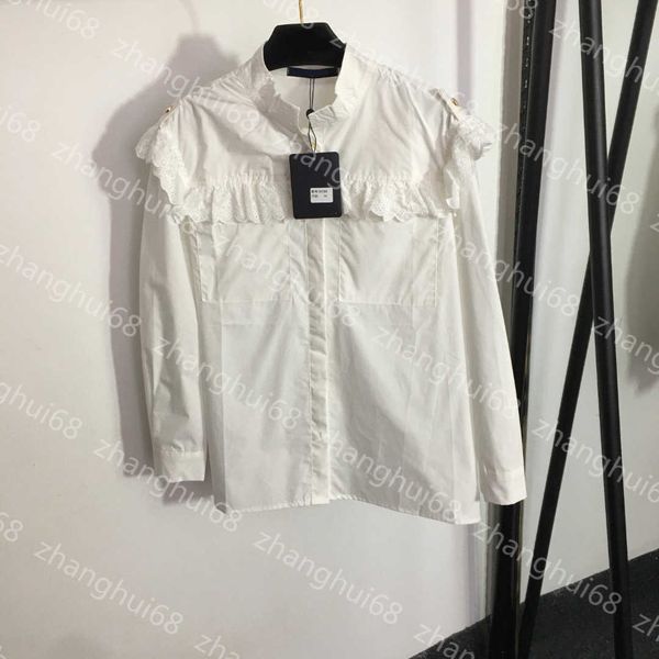 

23ss high neck blouse women shirt womens designer clothing lace long-sleeved shirt with ruffled collar hem women clothes, White