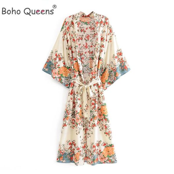 

swimwear boho queens vintage chic women multi floral print sashes bohemian kimono ladies v neck batwing sleeves maxi robe coverups, White;black