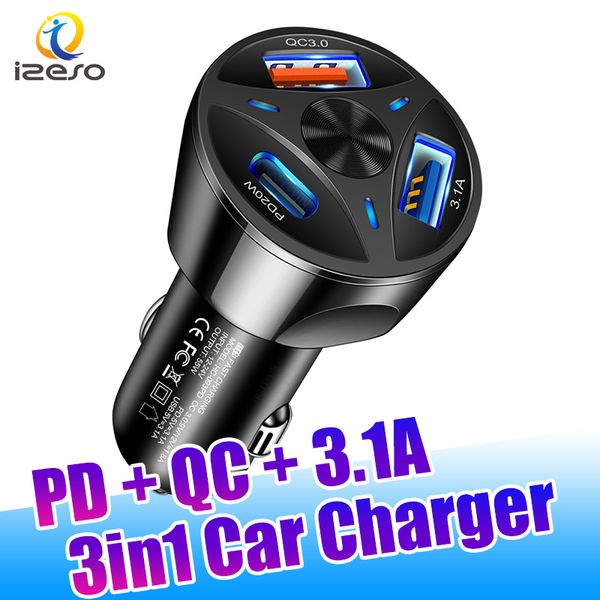 

3 ports multi usb pd car charger 55w quick charging adapter qc3.0 fast car charge for iphone 14 pro max samsung huawei izeso