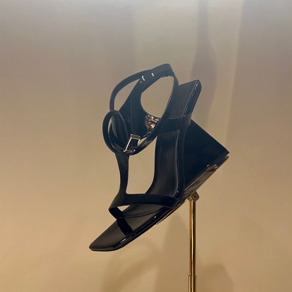 

summer lady women sandals gold genuine leather ankle strap strappy wedge high heels sandalias de las mujeres zapatos mujer sandals shoes, Black