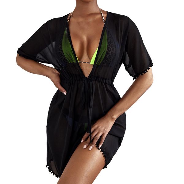 

swimwear women mesh bikini cover up deep v neck swimwear swimsuit see through short sleeve beach dress 2023 summer bikini vestidos, White;black