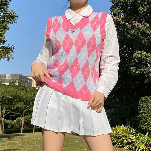 

women's vests kawaii pink argyle sweater vest women v neck cute preppy style vintage aesthetic y2k fashion knit diamond print college s, Black;white