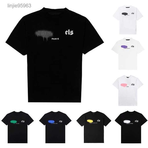 

mens designer t shir clohes palms women fashion spray pain graffii couple shor sleeves high sree tide brand crew neck leertweu, White;black