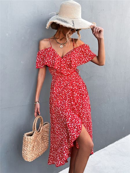 

casual dresses summer floral print women elegant strap v-neck midi female beach irregular ruffle hem slit chic 230511, Black;gray