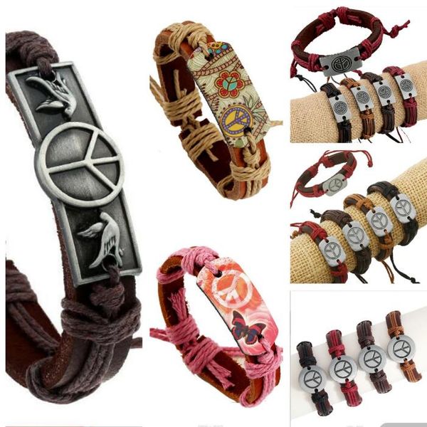 

100% leather bracelet peace dove peace sign charm men bracelet alloy charms bracelet jewelry multi style mixed orders, Golden;silver
