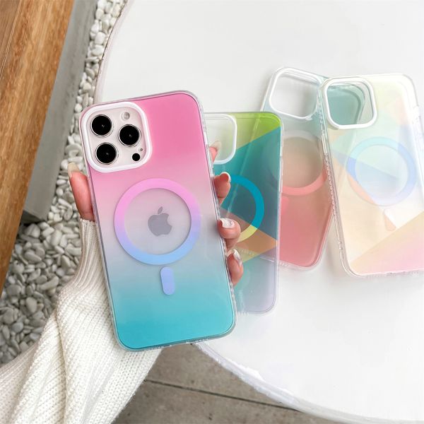 

geometric gradient color for magsafe case for iphone 14 13 12 11 pro max 14plus magnetic wireless charging clear soft imd cover