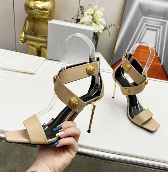 

stiletto women's shoes designer sandals real leather gold button sandals back zipper design fashion elegant party wedding shoe factory, Black