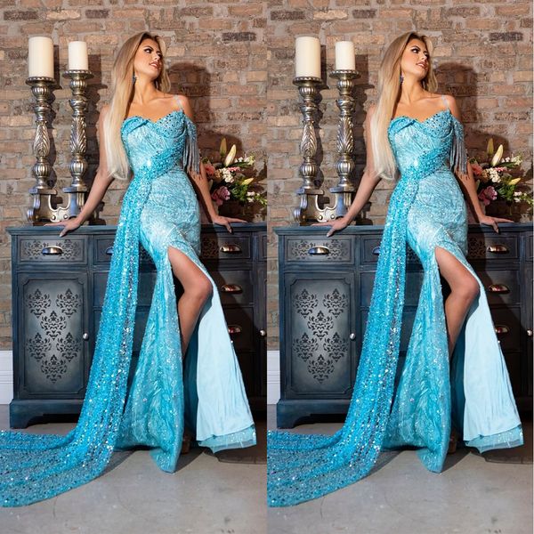 

gorgeous mermaid prom dresses off the shoulder tassel shining sequins applicants side split floor length custom made plus size party dress v, Black