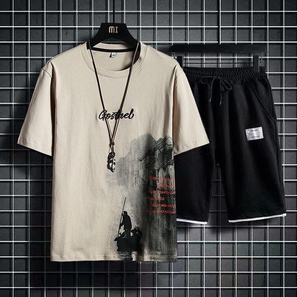 

men's tracksuits mens short sets sleeve t-shirt homme 2 piece set men's summer ink t-shirt clothes men tracksuit masculino polyest, Gray