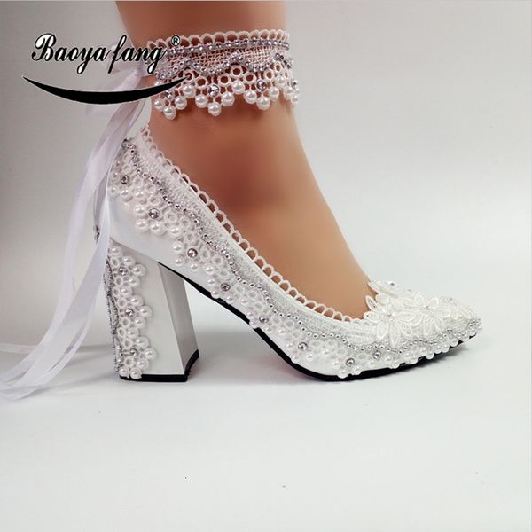 

dress shoes baoyafang arrival thick heel pointed toe womens wedding shoes high heels ladies fashion shoes woman white lace ankle strap 23051, Black