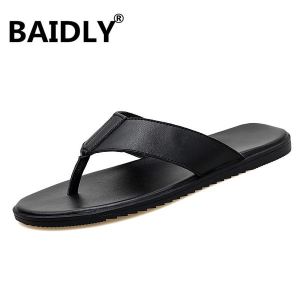 

slippers brand summer beach flip flops men pu leather slippers male flats sandals outdoor rubber thong beach shoes men leather 230509, Black