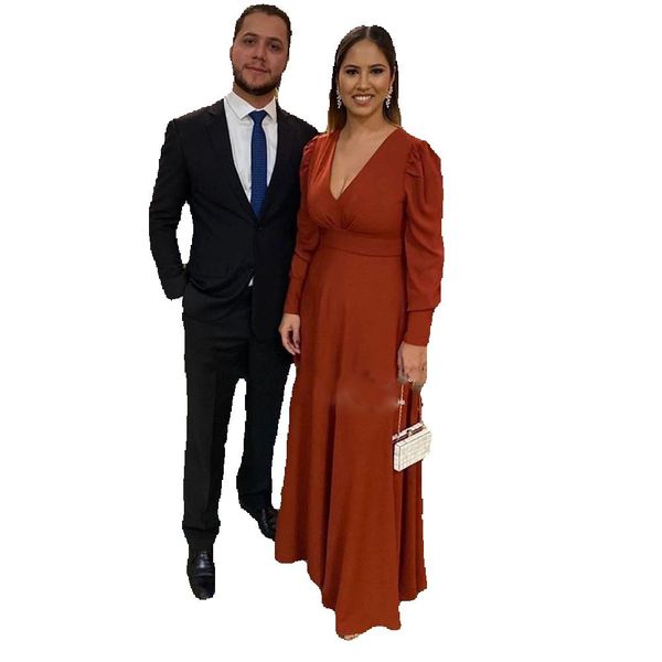 

burnt orange chiffon prom dresses long sleeves v neck simple evening gowns arabic women formal party plus size, Black