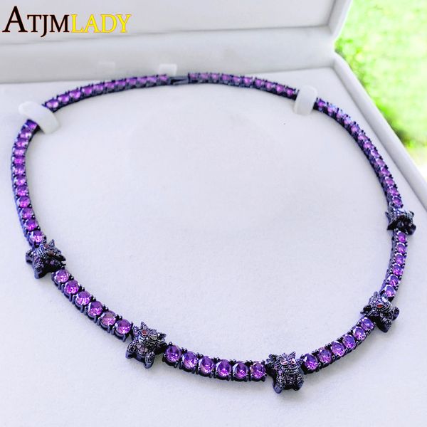 

pendant necklaces iced out bling cubic zirconia tennis chain full paved purple cz ghost charm black gold color classic cool hip hop men jewe, Silver