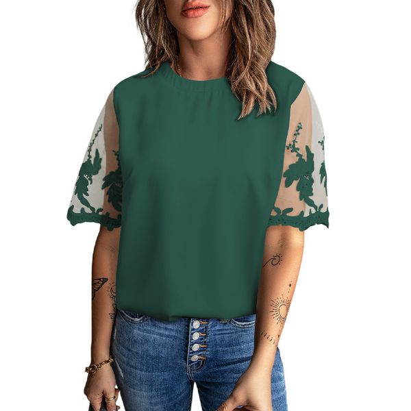 

ladies summer short sleeve t shirt womens plain lace blouse tee plus size, White