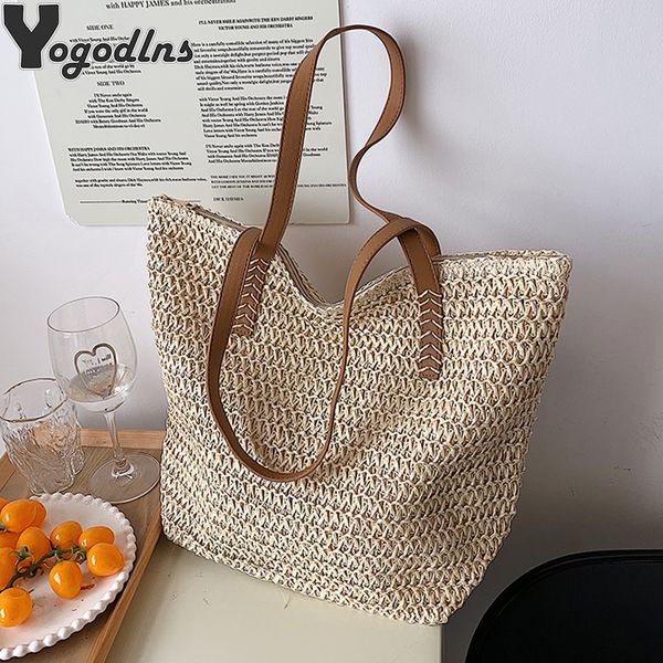 

evening bags summer woven shoulder women beach female straw knitted handmade large capacity handbag purse travel tote 230510