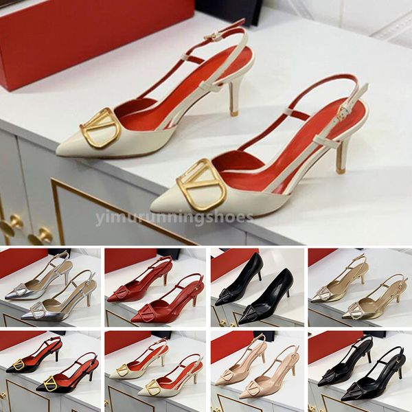 

brand sandals for women high heels pointed casual shoes classics metal buckle thin heel 6cm 8cm 10cm genuine leather shallow summer red wedd, Black