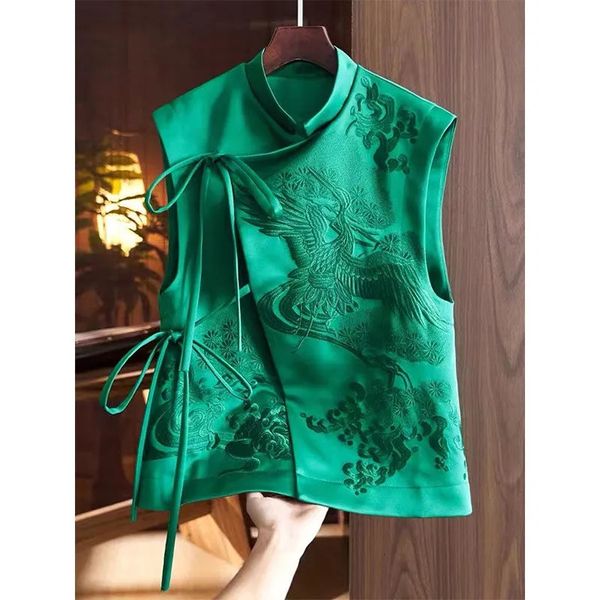 

women's vests retro heavy industry white stork embroidery green lace chinese vest jacket female spring and summer chinese style vest 23, Black;white