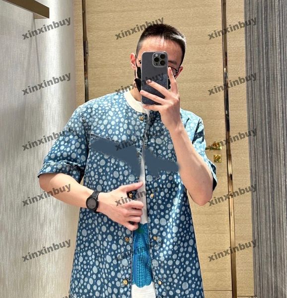 

xinxinbuy men designer tee t shirt 23ss infinity dots pattern denim short sleeve cotton women black blue white m-3xl, Black;brown