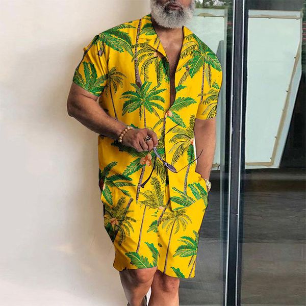 

men s tracksuits summer hawaiian printed men suit fashion lapel shirt and shorts two piece sets 2023 casual loose man beach outfits clothes, Gray