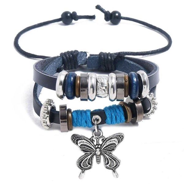 

beaded cattle strands leather bracelet alloy big bowknot pendant woven, Black