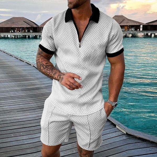 

men's tracksuits fashion solid color men's polo suit men sets mesh printed streetwear zipper short sleeve shorts two pieces men ca, Gray