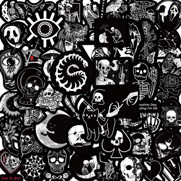 

50pcs black and white gothic skull death terror graffiti stickers for diy luggage lapskateboard motorcycle bicycle stickers tt185