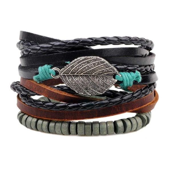 

hand woven strands multi root combination exquisite bracelet alloy leaves bead string jewelry wholesale, Black