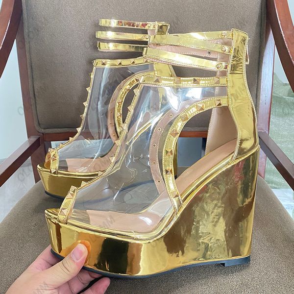 

olomm women platform sandals transparent pvc wedges heels peep toe beautiful gold silver night club shoes us plus size 5-20, Black